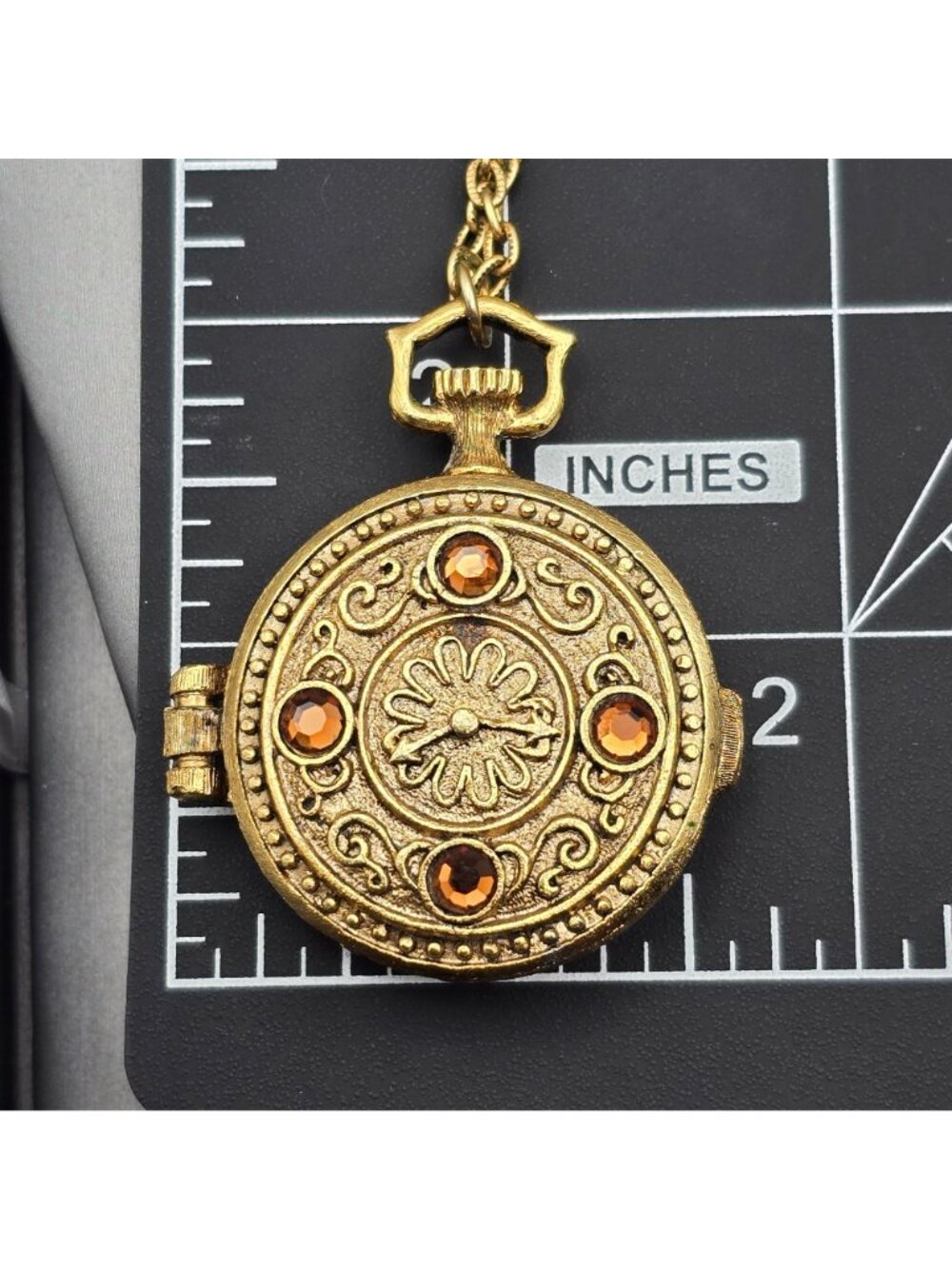 Vintage Mary Chess Perfume Locket Necklace 23" Gold Tone Amber Rhinestone 60s - Picture 11 of 12